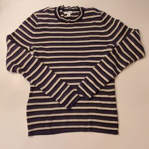Nine West Classic Nautical Striped Sweater Navy Cream Ribbed Crewneck Sz L